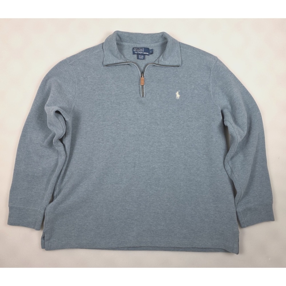 Polo Ralph Lauren Mens L Quarter Zip Pullover Sweater Heather Blue Pony Logo